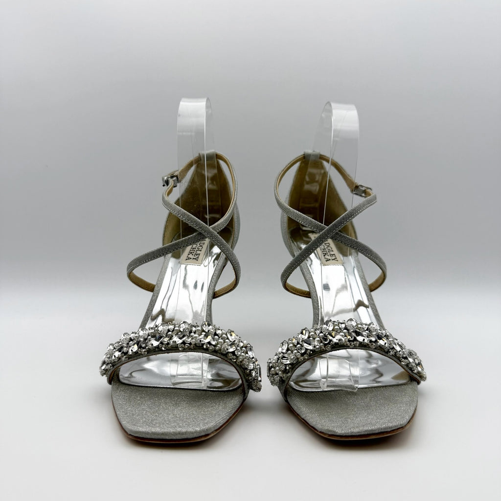 Badgley Mischka Womens Nala Glitter Strappy Heels Size 8 Silver Satin NWOB
