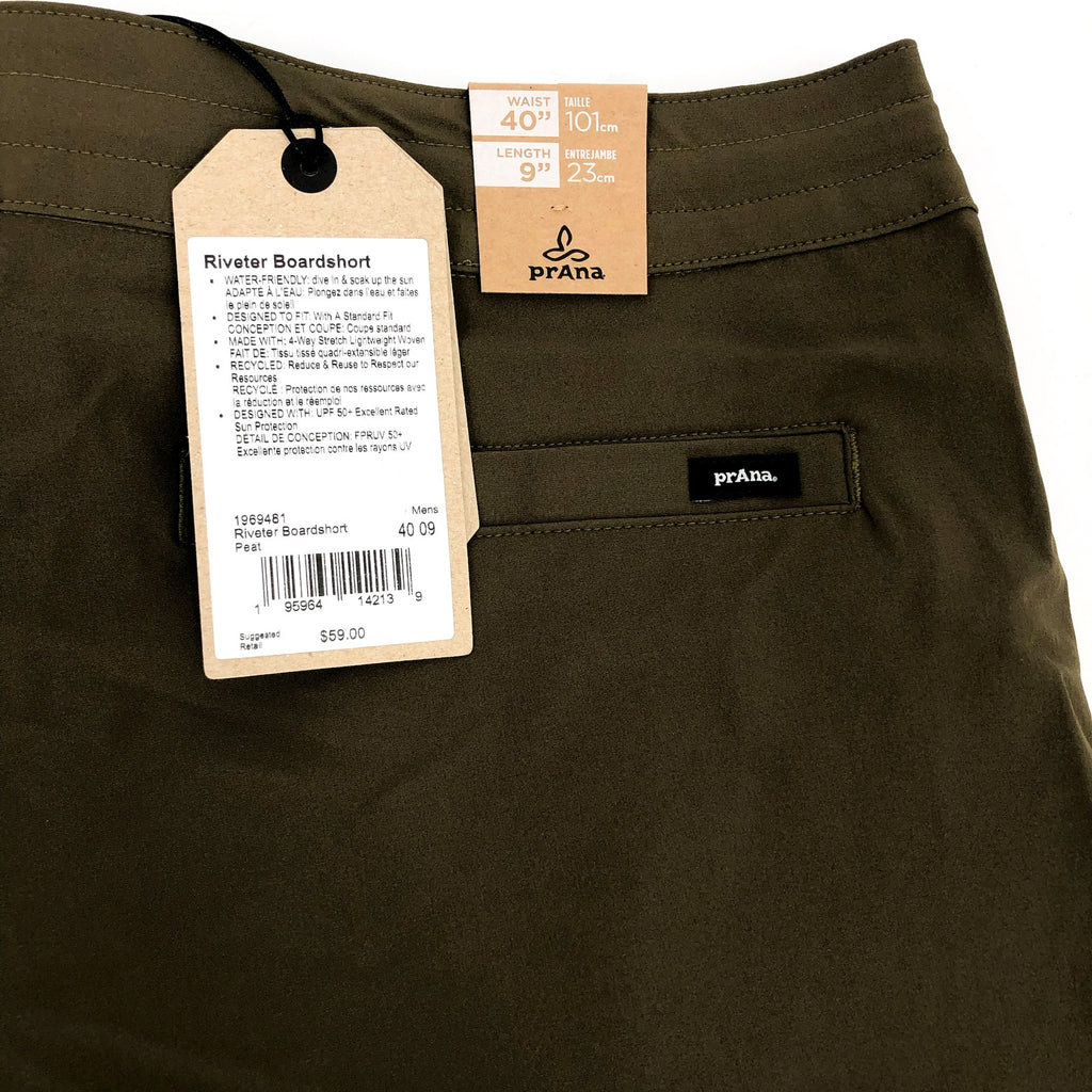 PRANA Men's Riveter Board Shorts Size 40 XXL Peat Green 9" Inseam UPF 50+ NWT