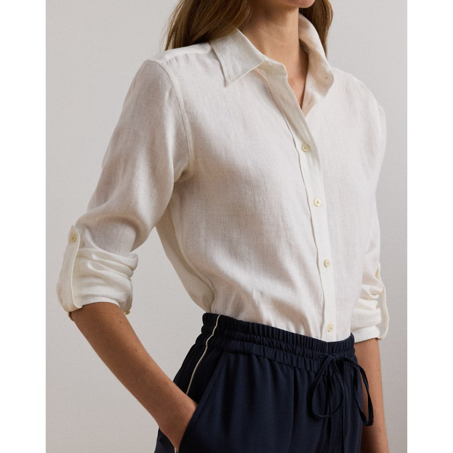 LAUREN RALPH LAUREN Womens Linen Shirt Medium White Roll Tab Sleeve NWT