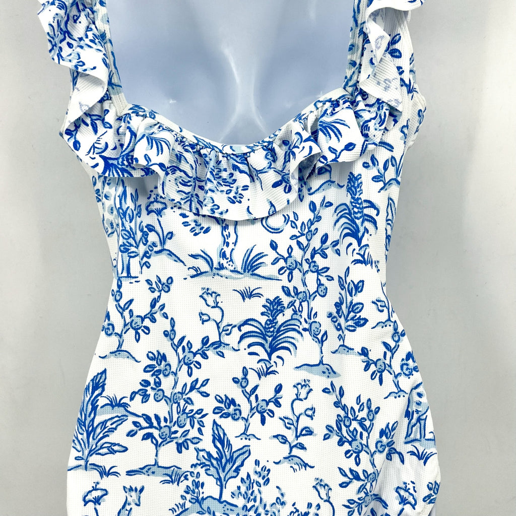 LILLY PULITZER Aemma Ruffle One-piece Swimsuit Size 4 White Blue Tall Tales NWOT