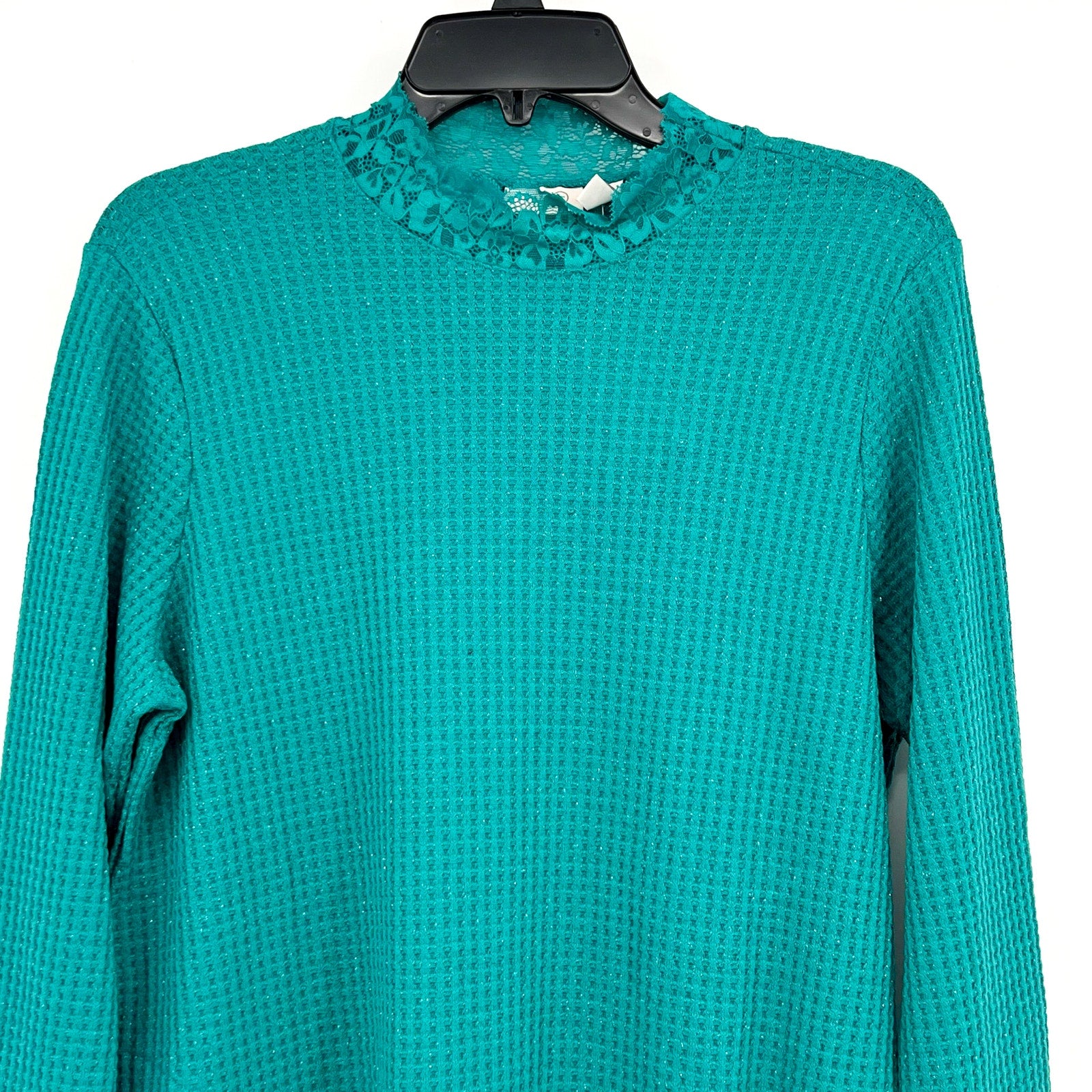 LOGO LORI GOLDSTEIN Metallic Waffle Knit Top Small Blue Green Long Sleeve NWOT