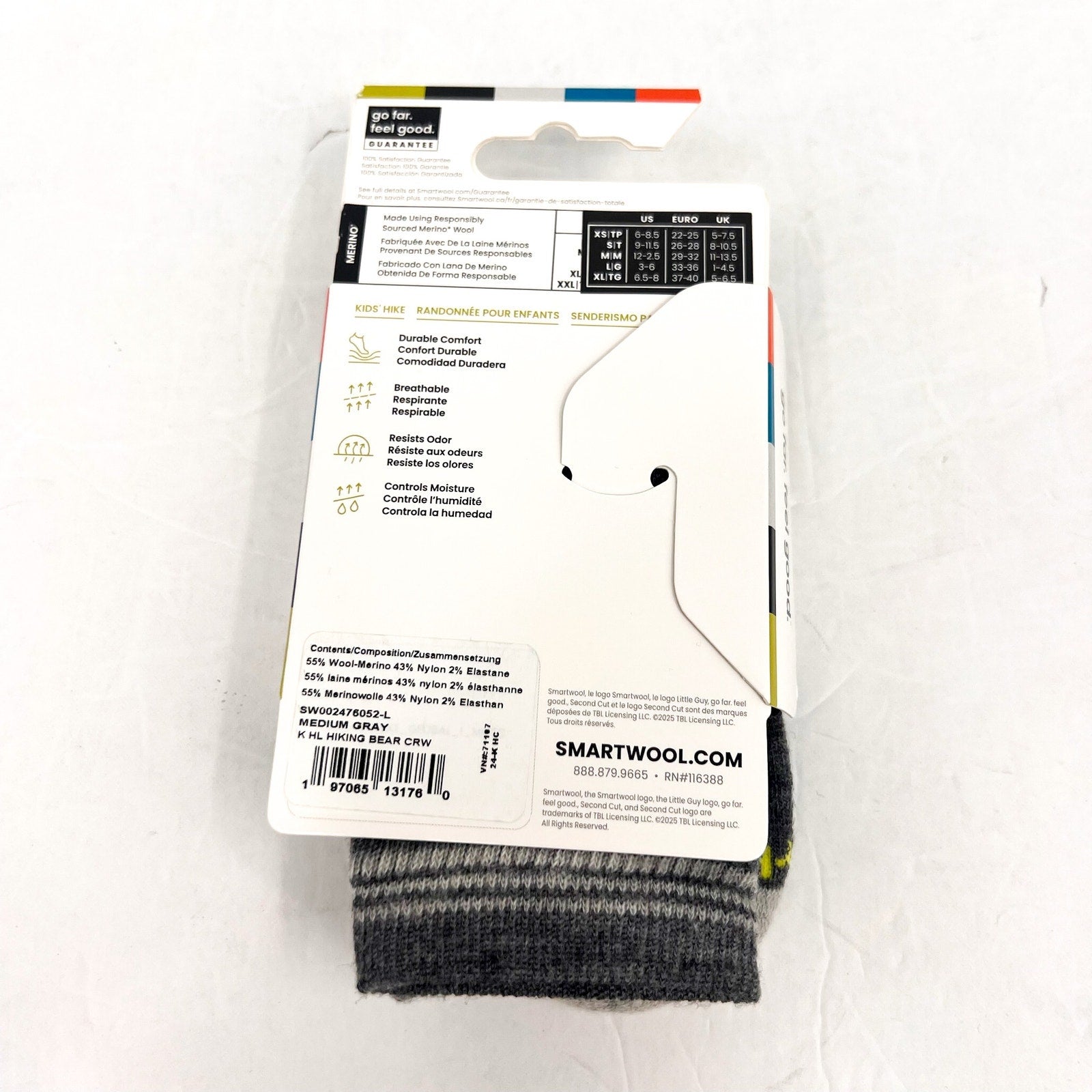SMARTWOOL Kids' Hike Hiking Bear Crew Socks Large SIZE 3-6 Grey NWT