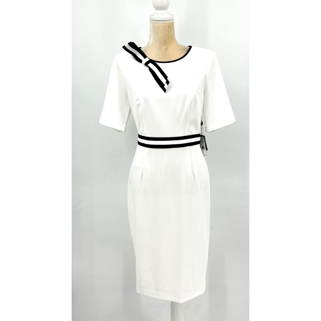 ADRIANNA PAPELL Women's Crepe Ribbon Dress Size 10 Ivory Black Knee Length NWT