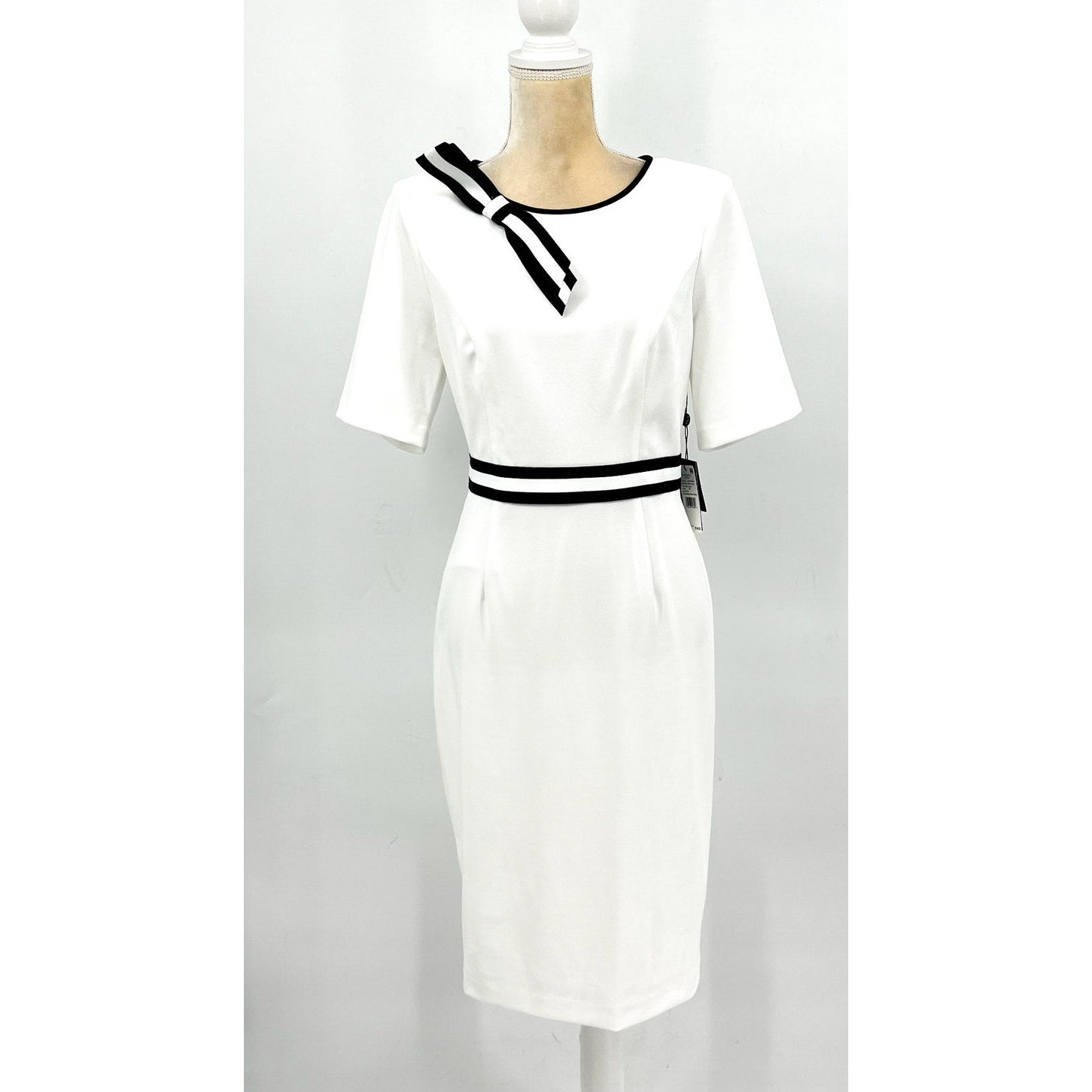 ADRIANNA PAPELL Women's Crepe Ribbon Dress Size 10 Ivory Black Knee Length NWT