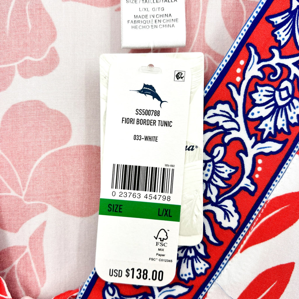 TOMMY BAHAMA Women's Fiori Border Beach Tunic Cover Up Large XL White Red NWT