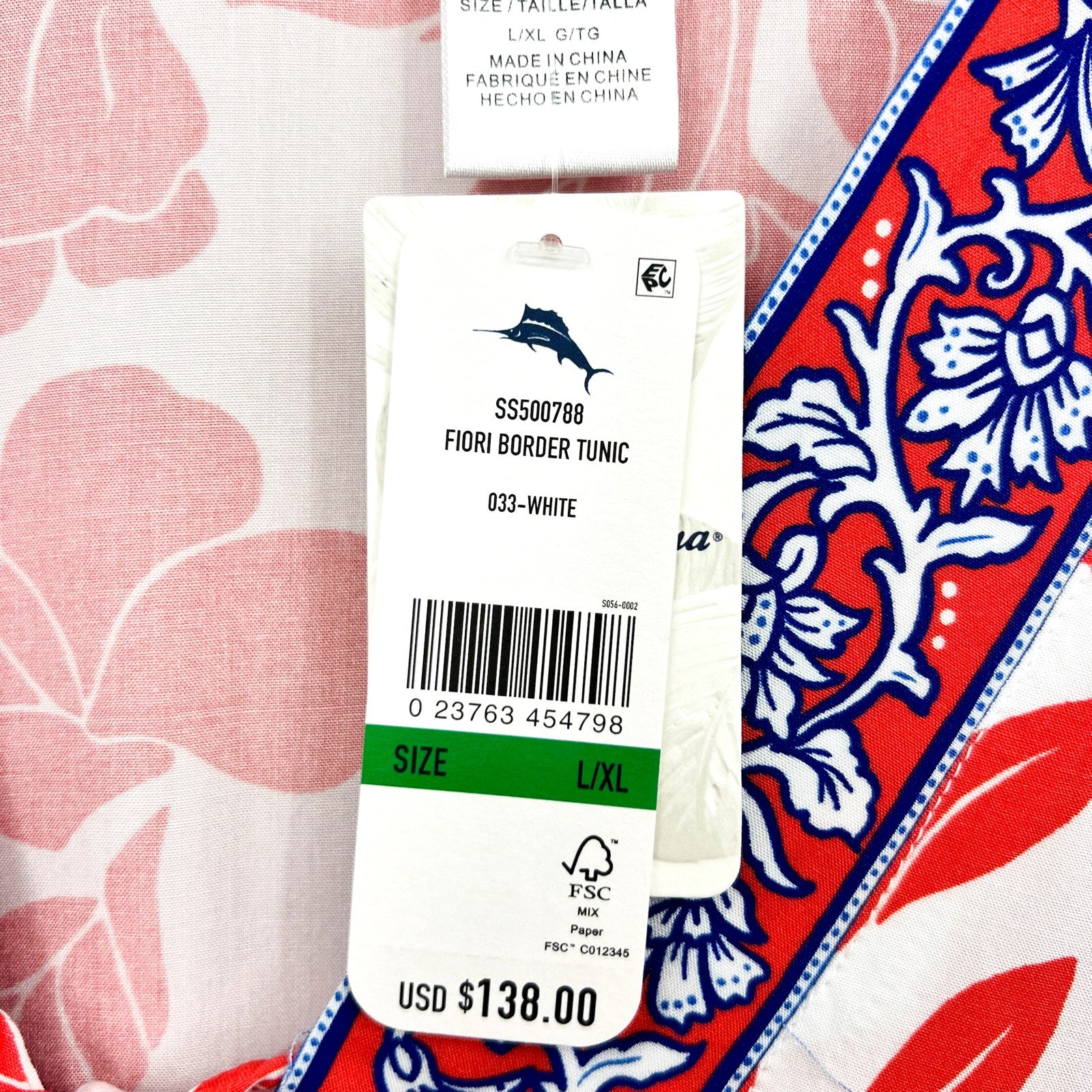 TOMMY BAHAMA Women's Fiori Border Beach Tunic Cover Up Large XL White Red NWT