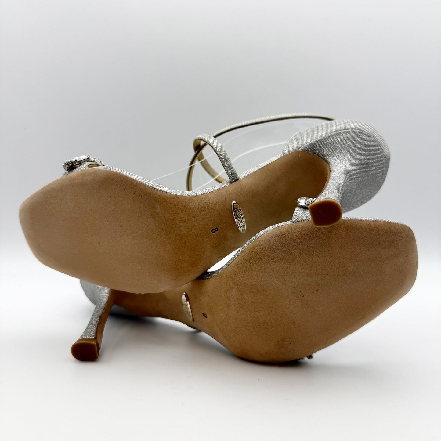 Badgley Mischka Womens Nala Glitter Strappy Heels US 8 Silver Satin NWOB