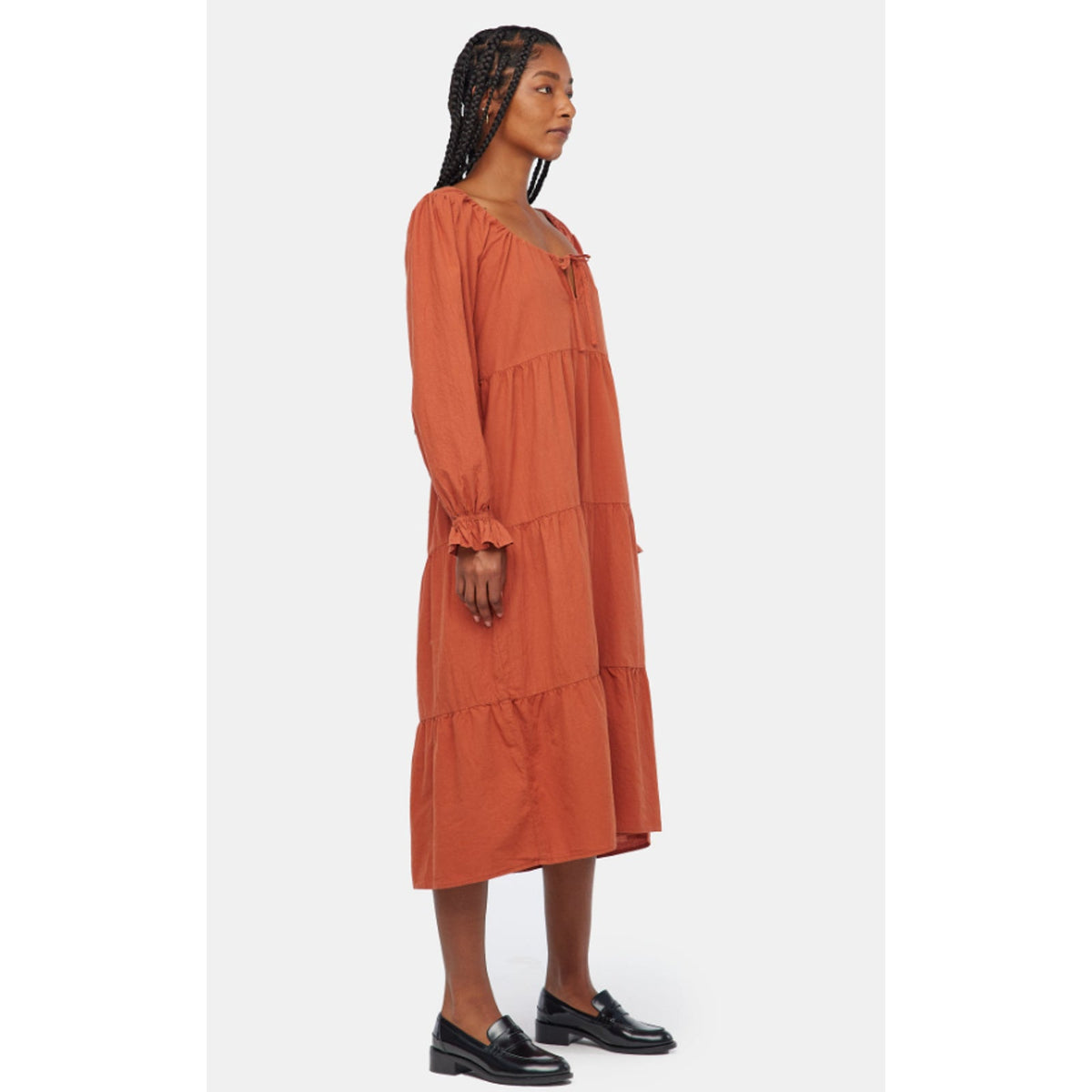 LACAUSA Women's Tate Tiered Midi Dress Medium Rustic Orange Long Sleeve NWT