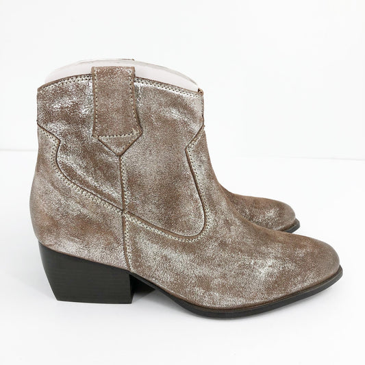 SEYCHELLES Women's Upside Western Ankle Bootie 6 Metallic Silver Suede Heel NWOB