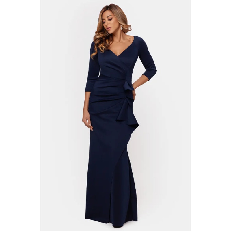 XSCAPE Women's Ruched Scuba Ruffle Gown Size 8 Midnight Blue 3/4 Sleeves NWT
