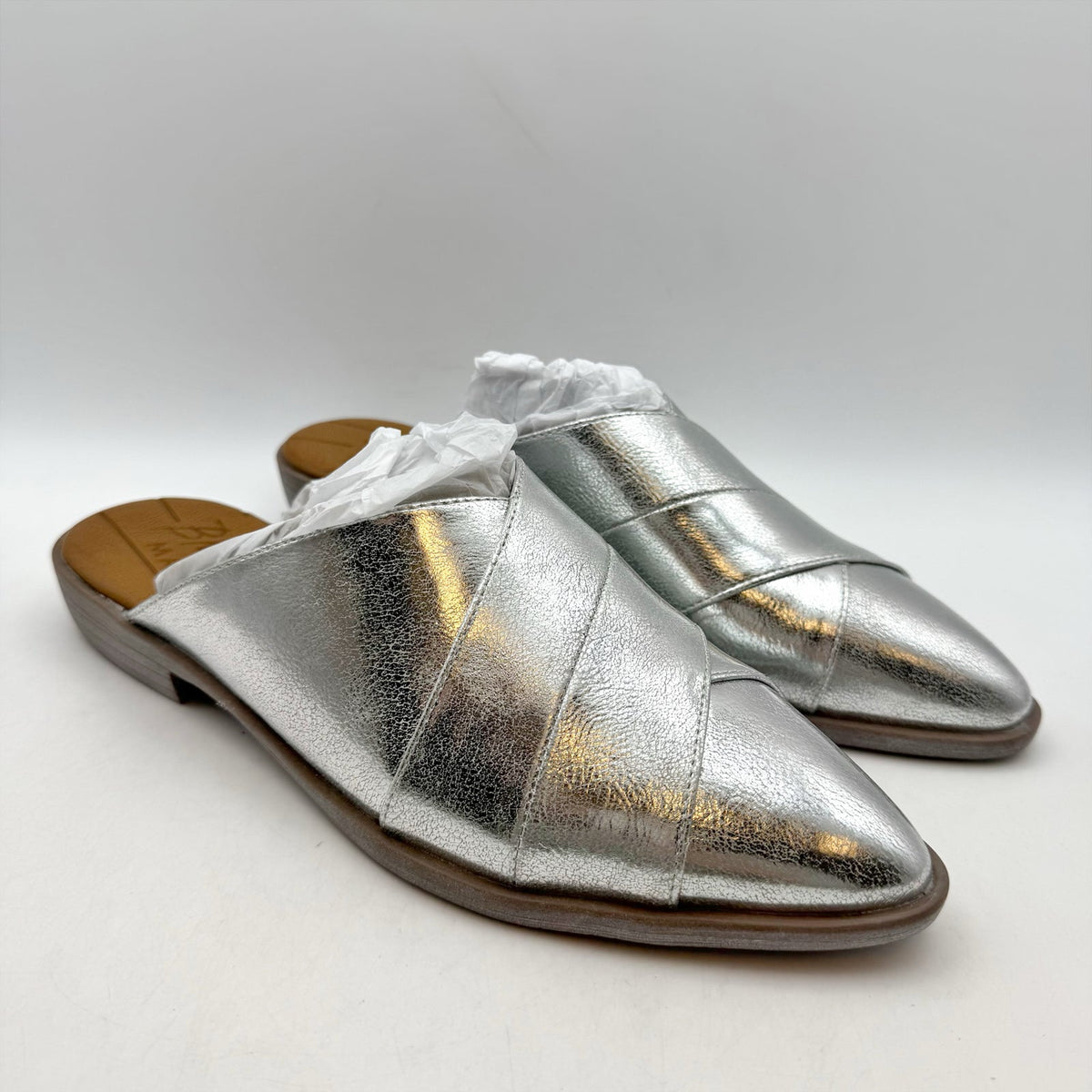 Blowfish Malibu Womens Hazel Mules Size 8.5 M Silver Vegan Leather Flats NIB