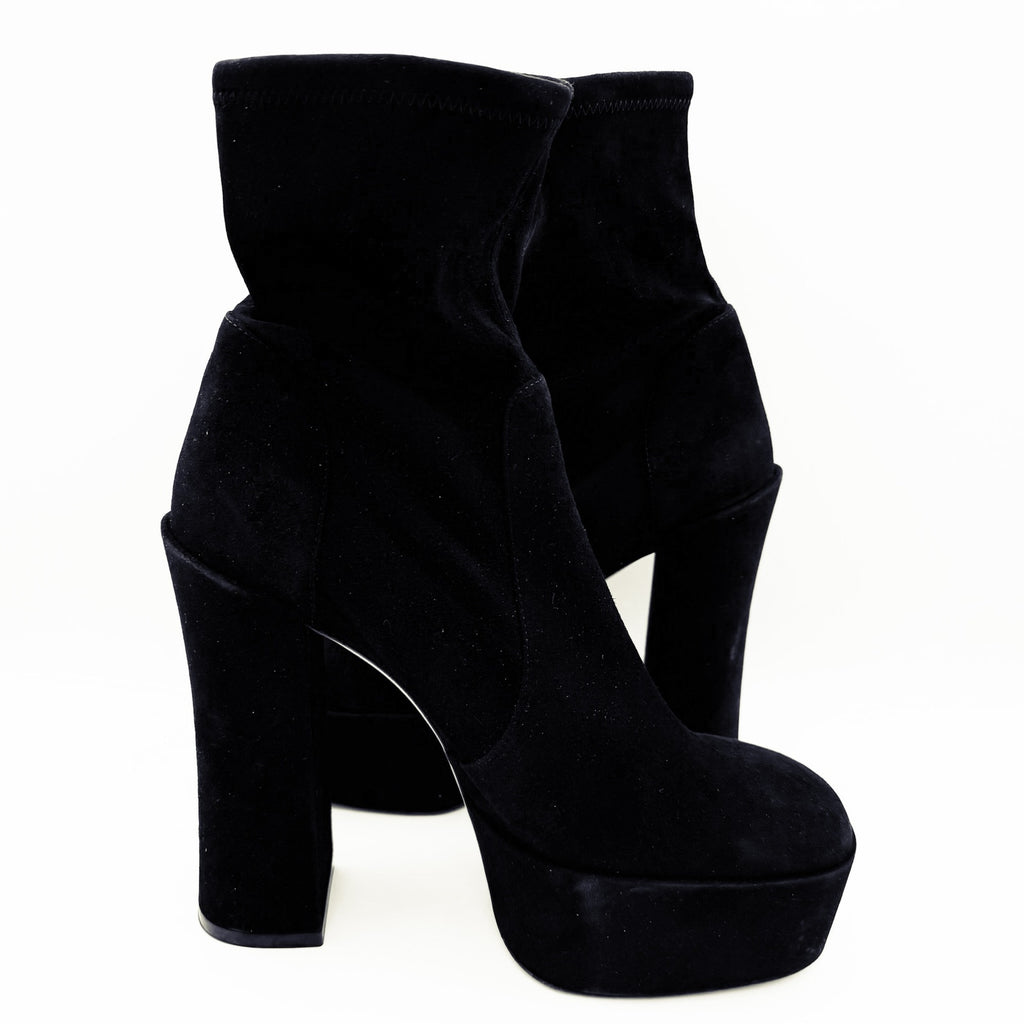 Stuart Weitzman Skyhigh 145 Platform Booties Size 11 Black Stretch Suede NWOB