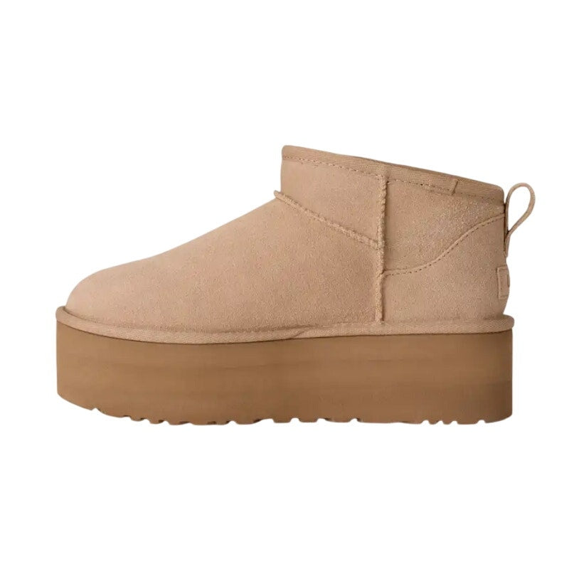 UGG Women Classic Ultra Mini Platform Boot US 5 Sand Suede Fur Plush Lining NWOB