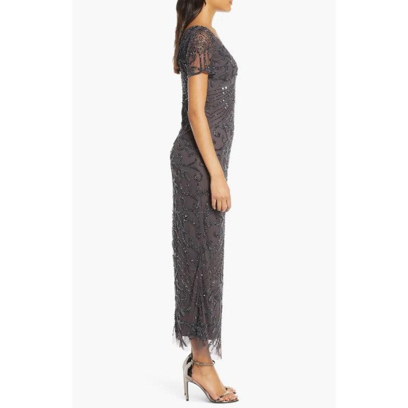 PISARRO NIGHTS Women's Beaded Mesh Column Gown Size 12 Gray Short Sleeve NWT