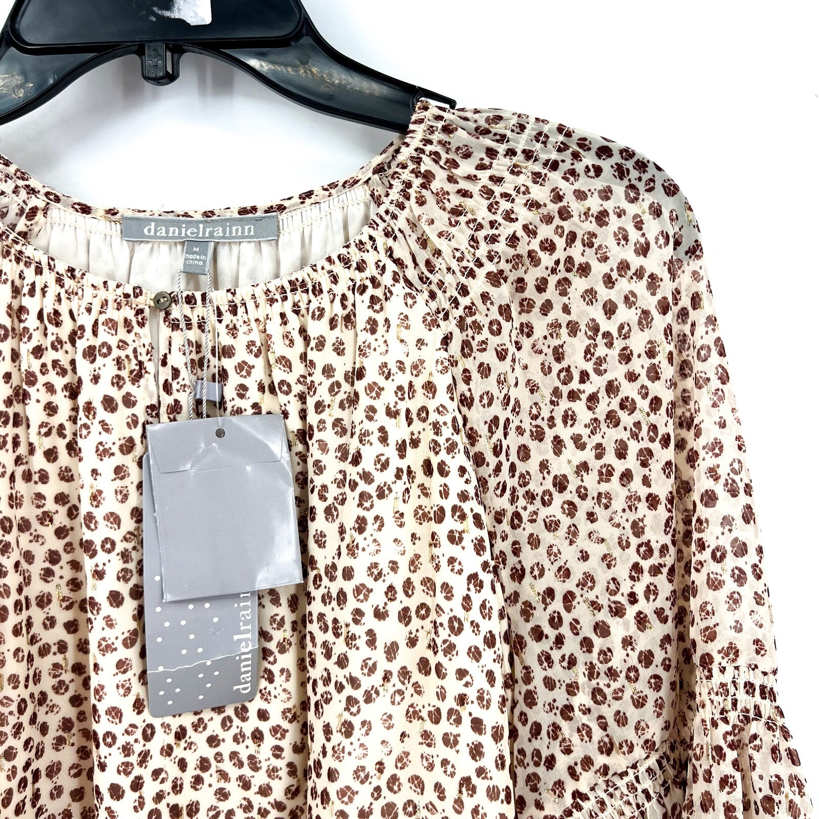DANIEL RAINN Womens Ikat Blouse Medium Cream Red Print Long Sleeve NWT