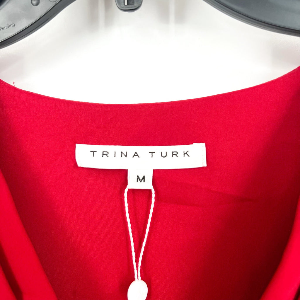 TRINA TURK Womens Zula Casual Midi Dress US Medium Red Pleated Cap Sleeve NWT