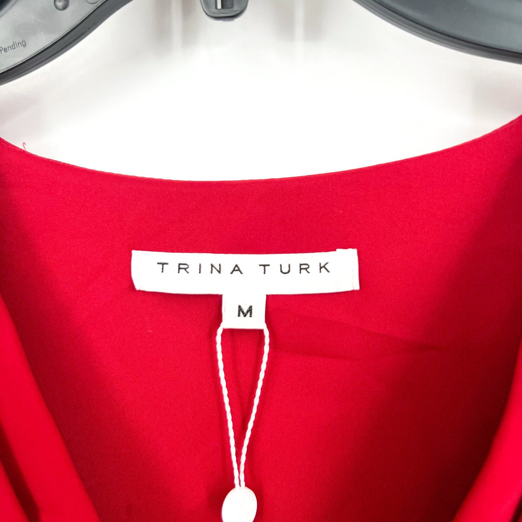 TRINA TURK Womens Zula Casual Midi Dress Medium Red Pleated Cap Sleeve NWT