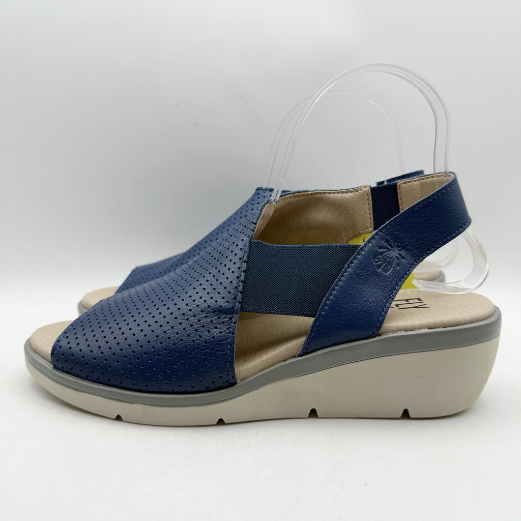 Fly London Womens Nisi Wedge Sandals EU 38 US 7.5-8 Blue Leather NWT