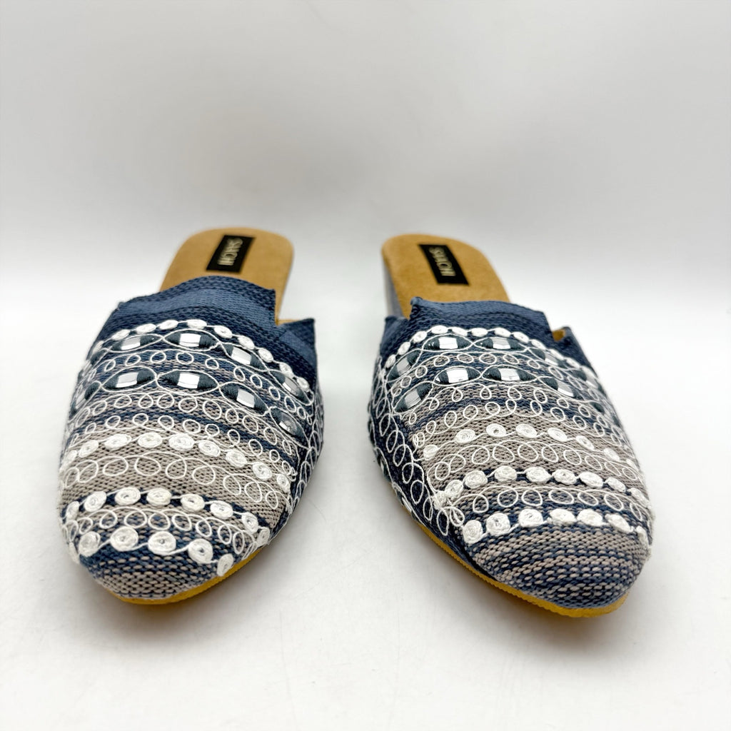Saachi Womens Denim Wedge Mules US 11 Blue Silk Embroidered NWOB