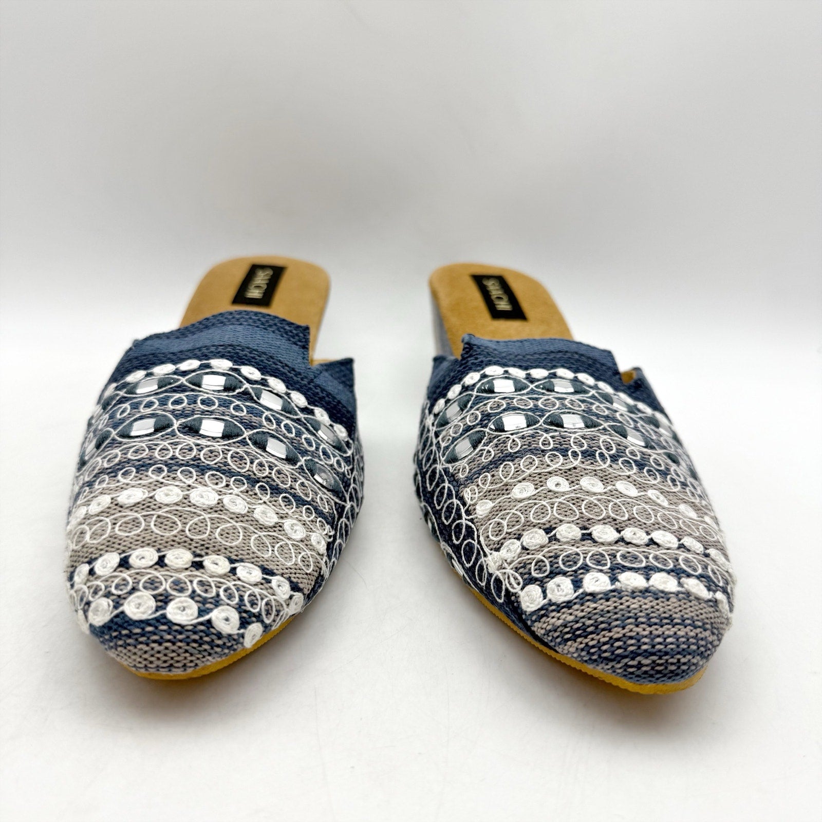 Saachi Womens Denim Wedge Mules US 11 Blue Silk Embroidered NWOB