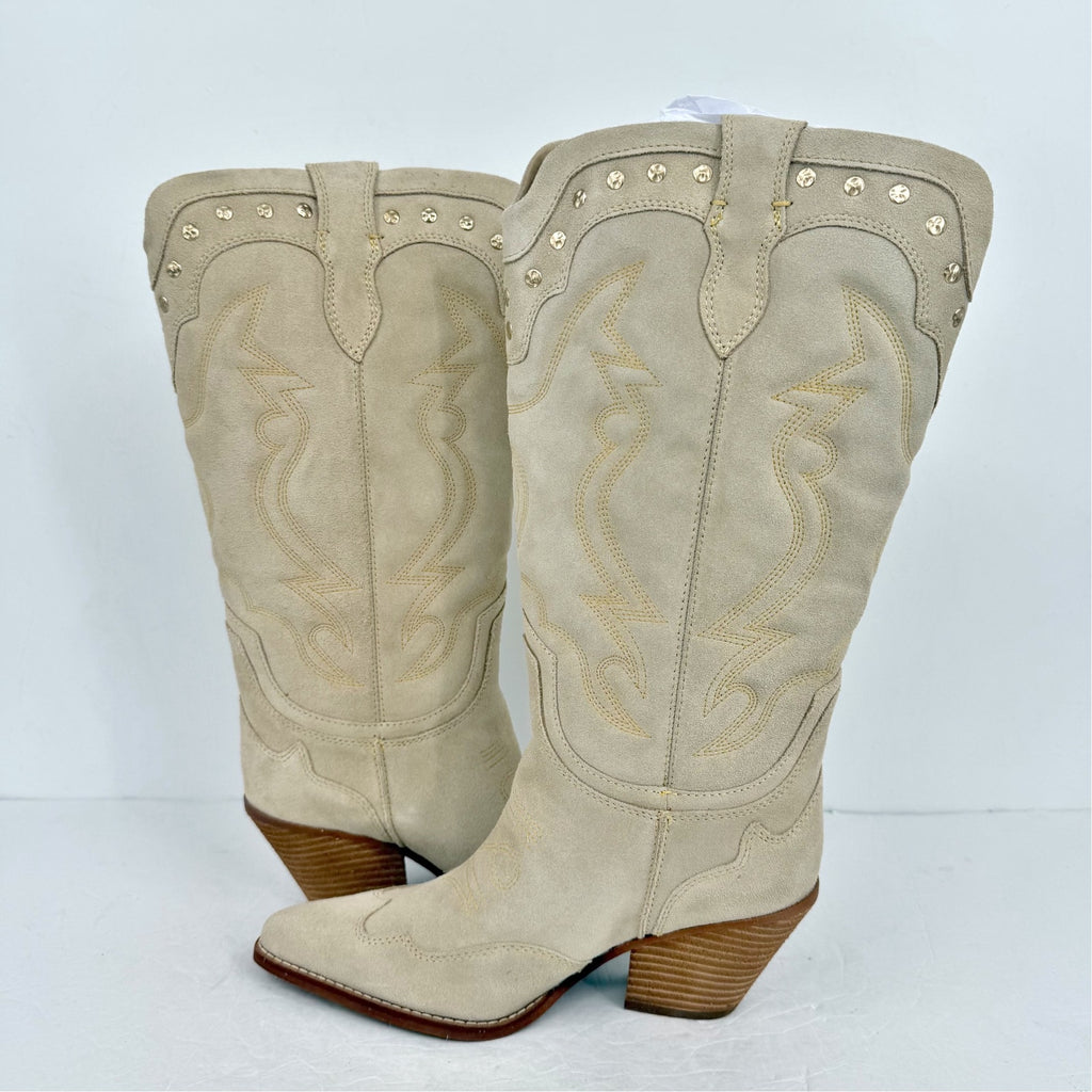 Sam Edelman Womens James Cowboy Boots US 8 M Wide Calf White Ivory Suede NIB