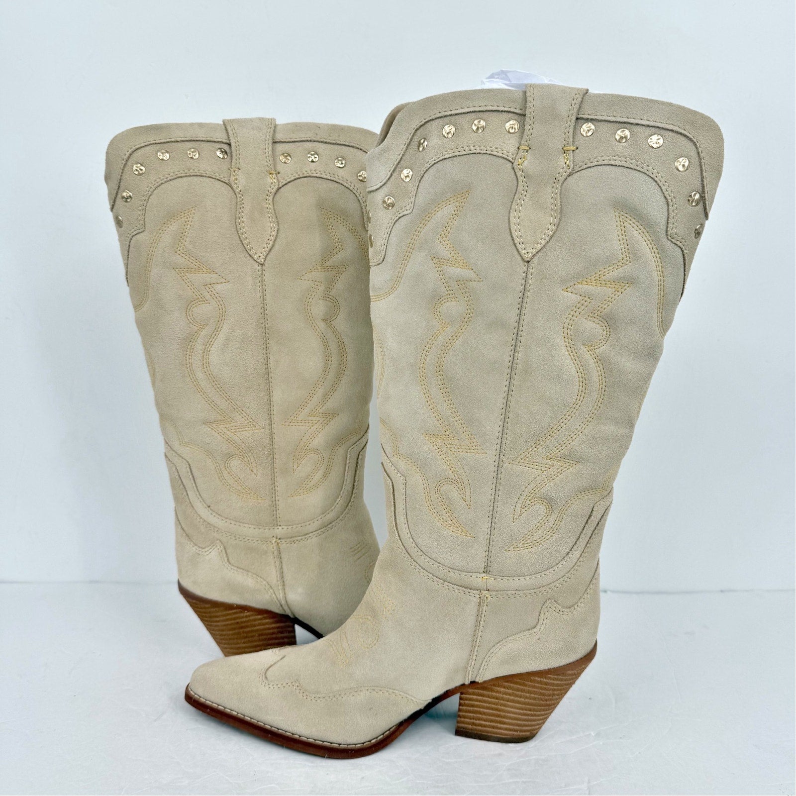 Sam Edelman Womens James Cowboy Boots US 8 M Wide Calf White Ivory Suede NIB