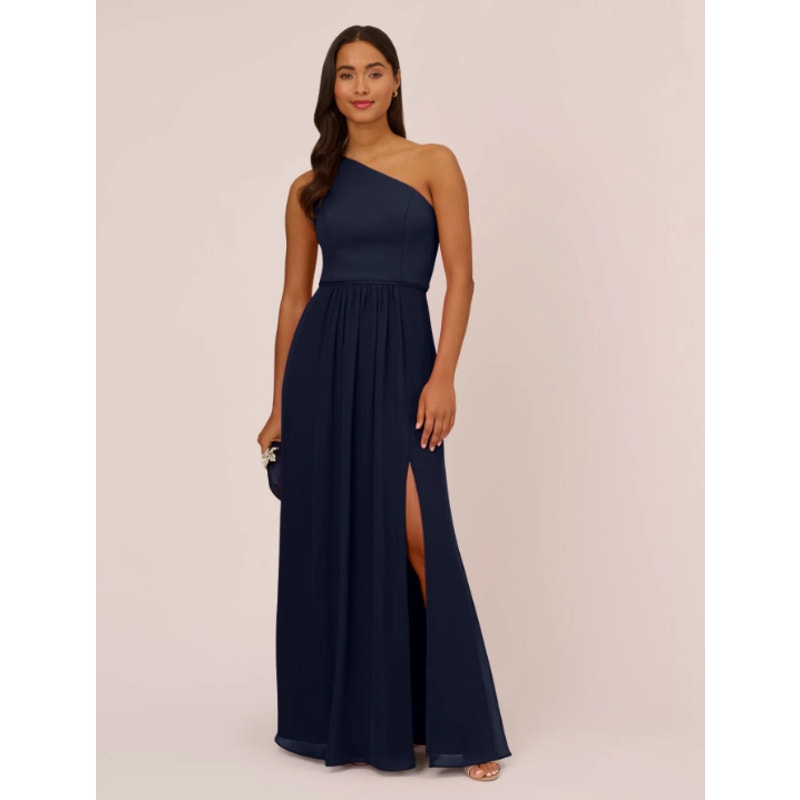 ADRIANNA PAPELL One-Shoulder Chiffon Long Gown Size 8 Midnight Blue Formal NWT