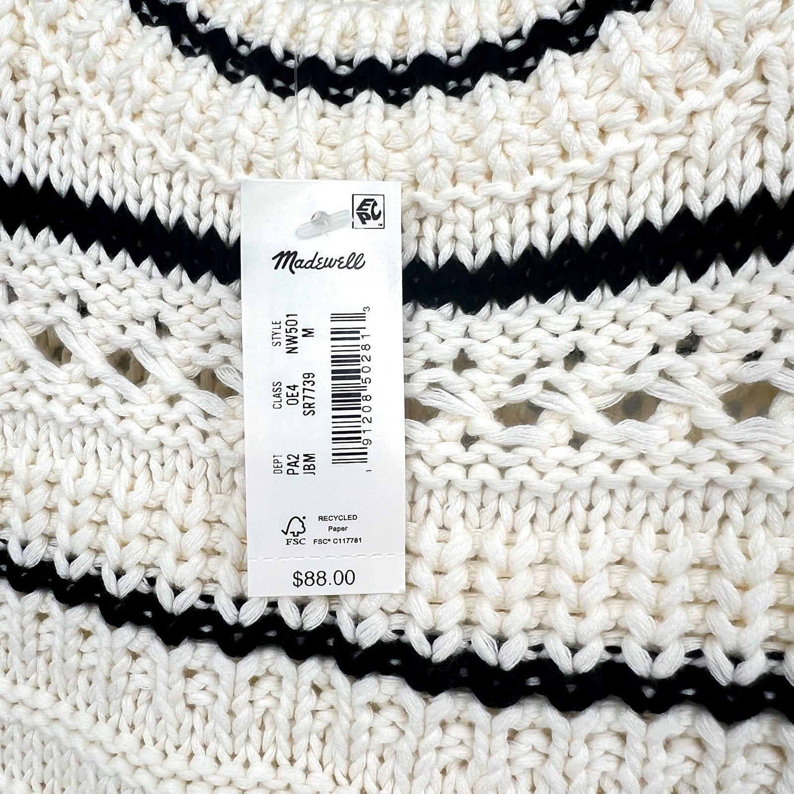 MADEWELL Womens Striped Sweater Vest Medium Cream Black Stripe 100% Cotton NWT
