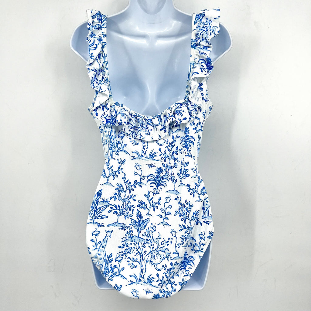 LILLY PULITZER Aemma Ruffle One-piece Swimsuit Size 16 White Blue Tall Tales NWT