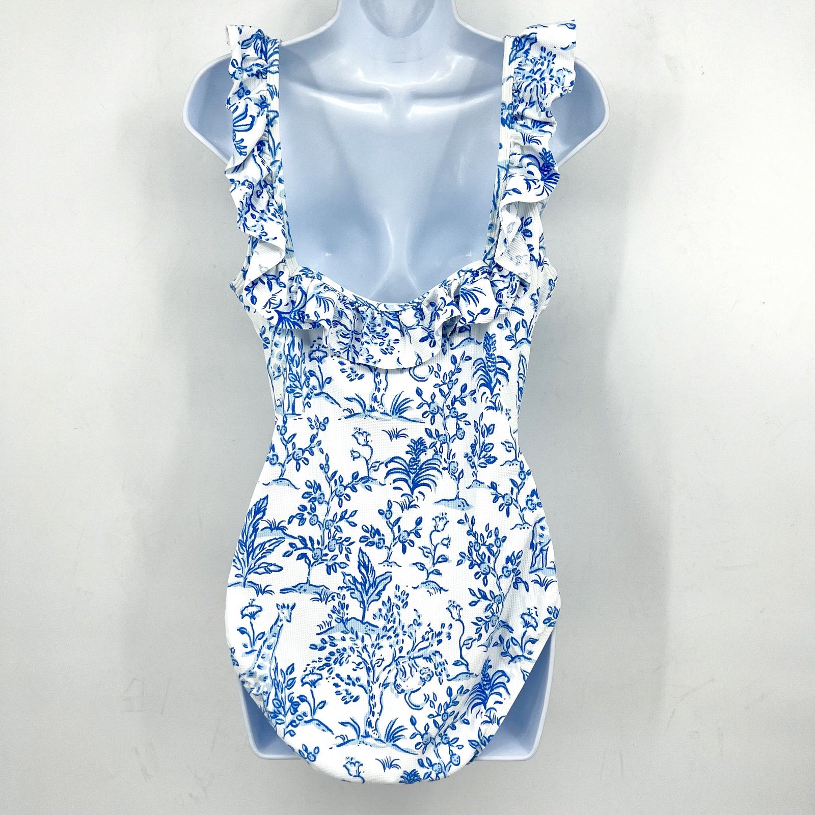 LILLY PULITZER Aemma Ruffle One-piece Swimsuit Size 16 White Blue Tall Tales NWT