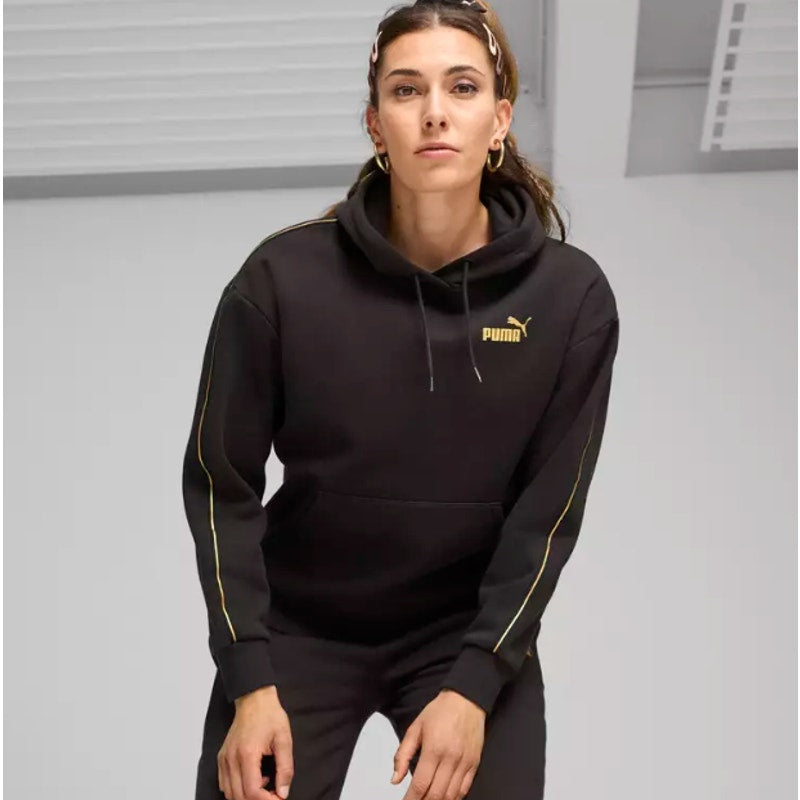 PUMA Women's Essentials Tape Minimal Gold Hoodie Large Black Sweatshirt NWT