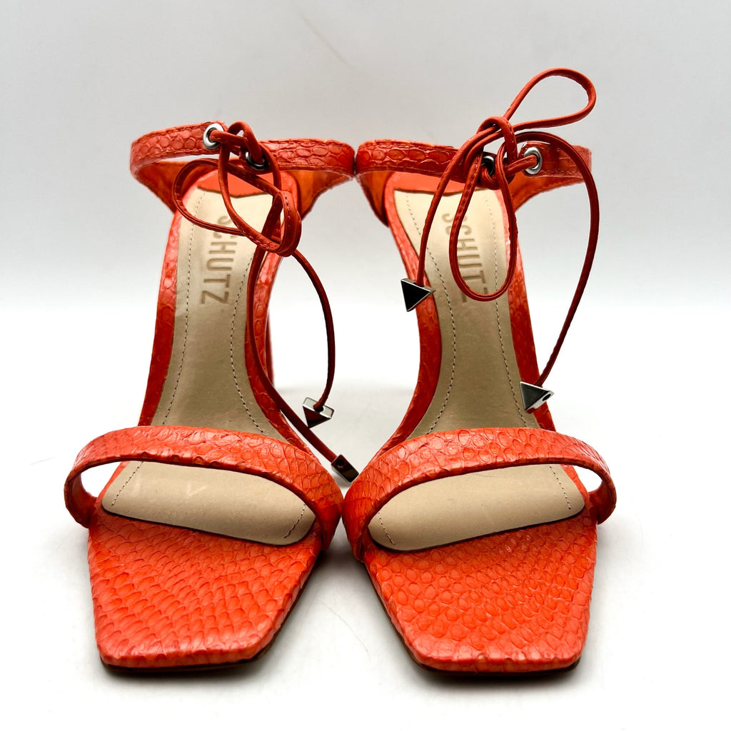 Schutz Womens Mavis Heel Sandal Size 5.5 Snake Shine Bright Orange Leather NIB