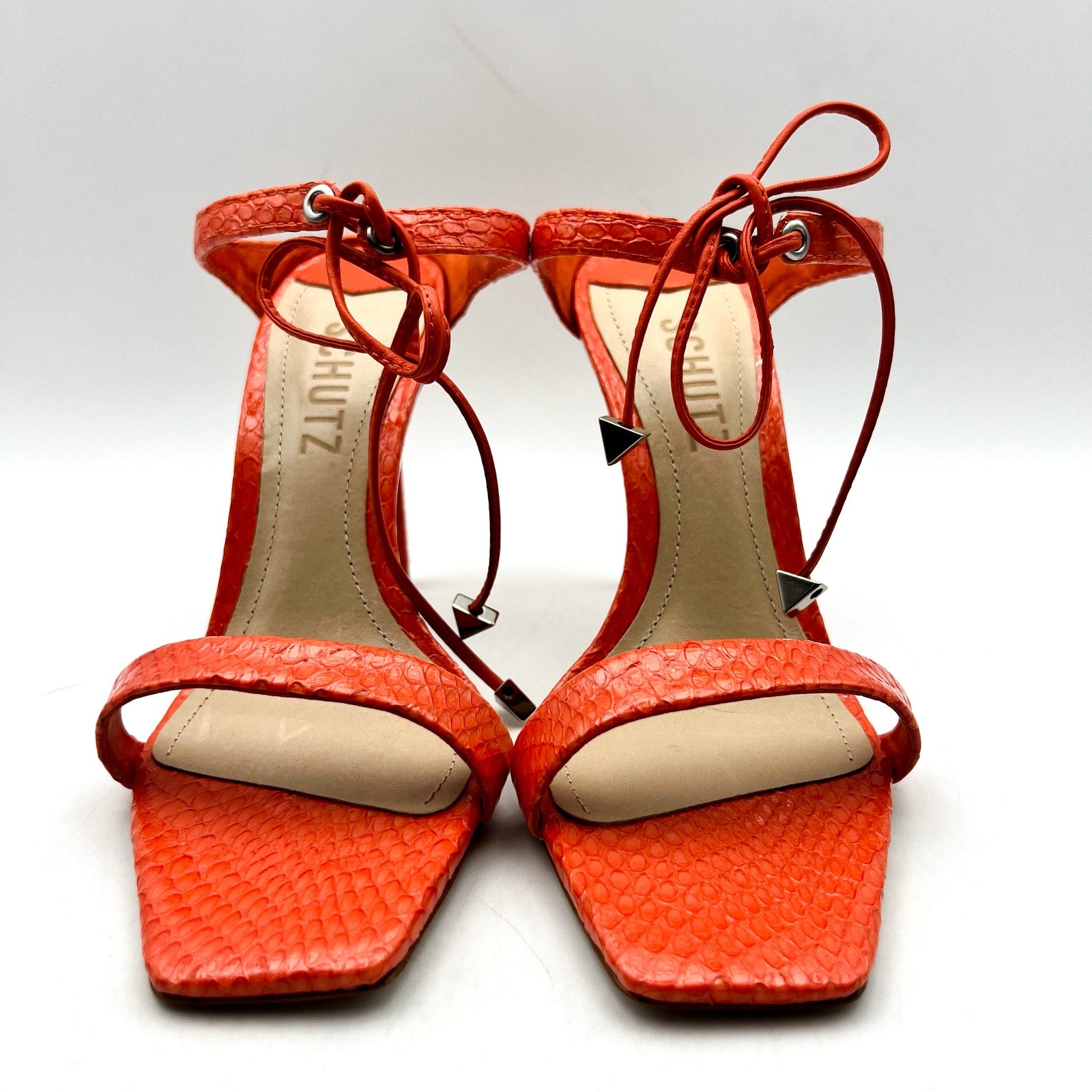 Schutz Womens Mavis Heel Sandal Size 5.5 Snake Shine Bright Orange Leather NIB