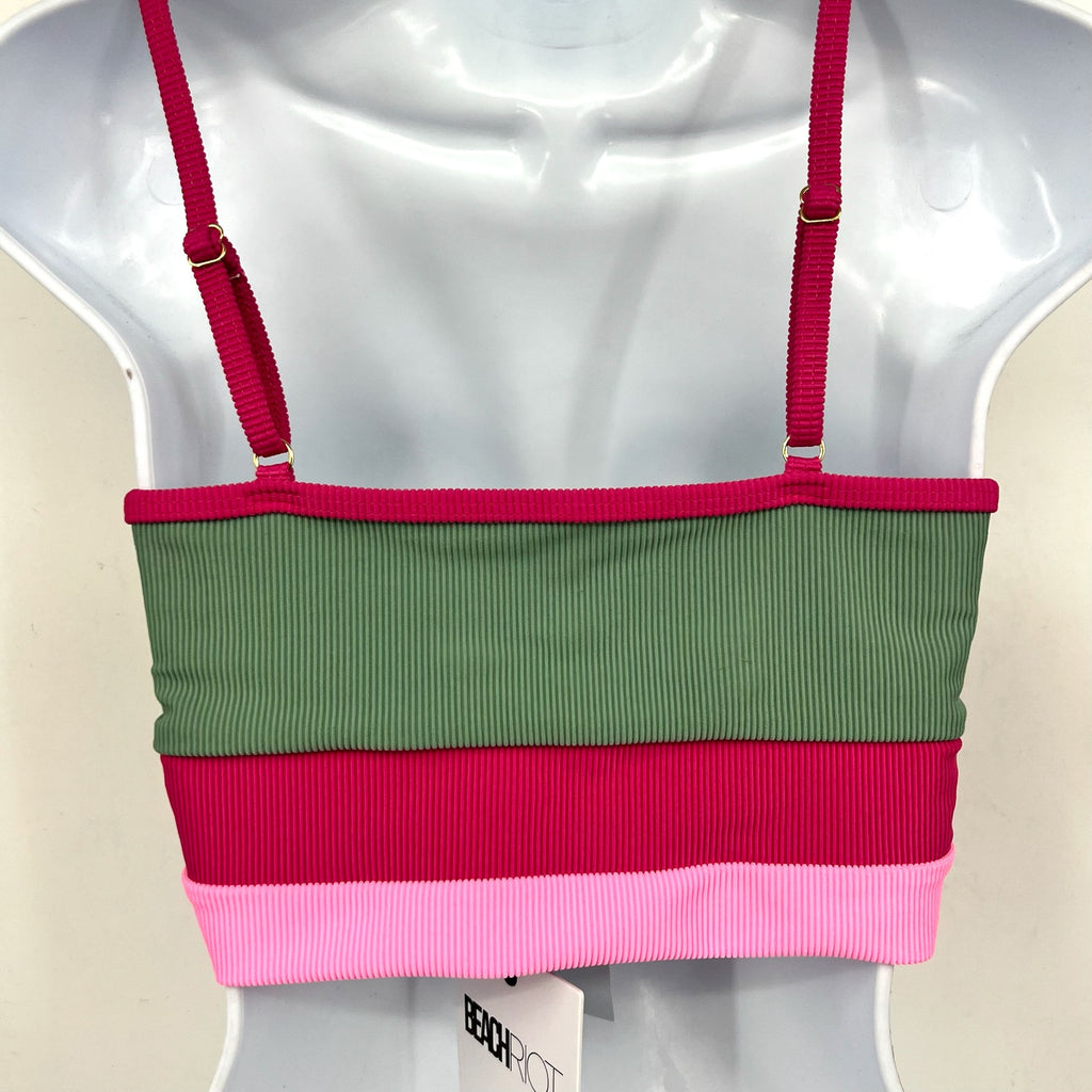 BEACH RIOT Women's Eva Bikini Top Medium Green Pink Sage Bloom Colorblock NWT