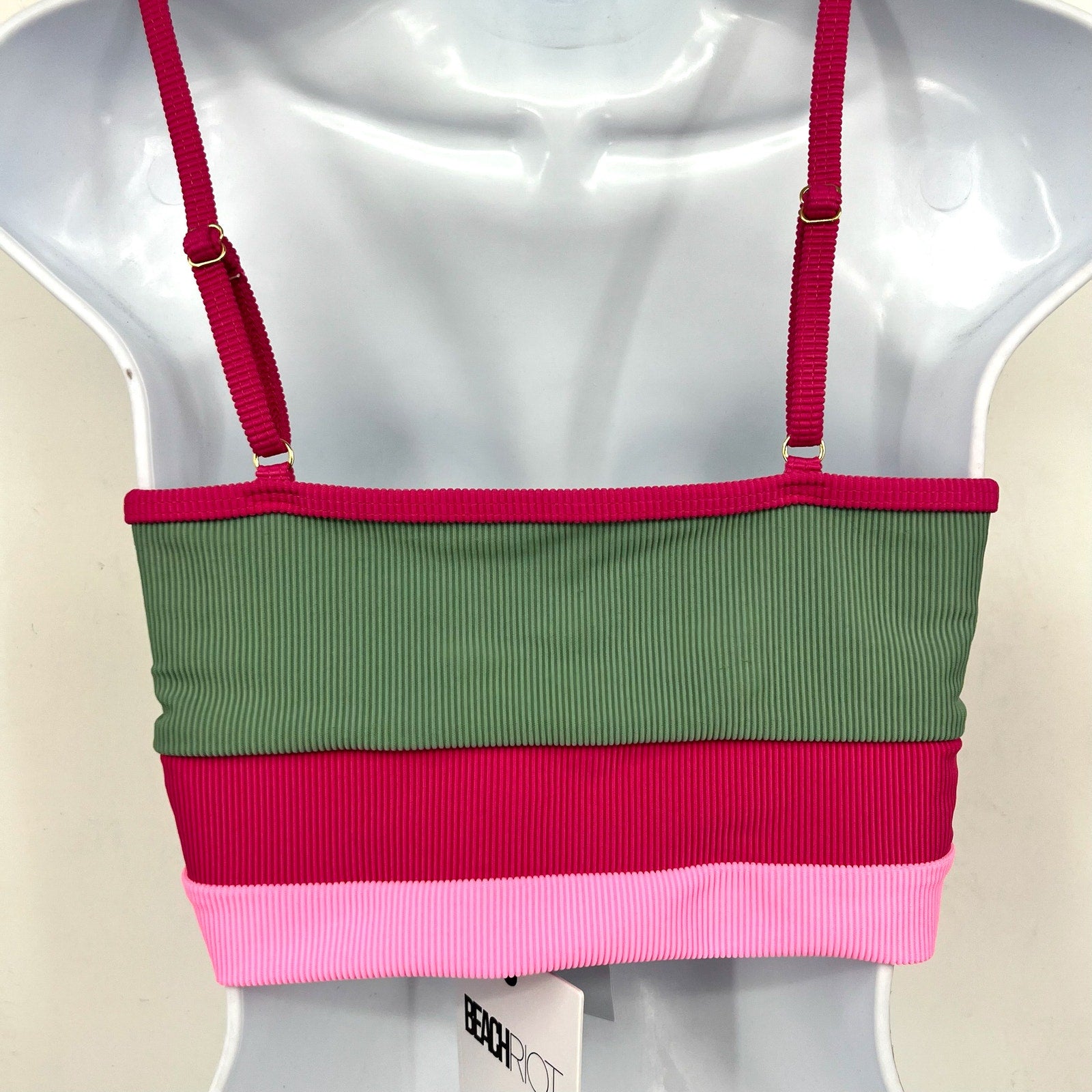 BEACH RIOT Women's Eva Bikini Top Medium Green Pink Sage Bloom Colorblock NWT