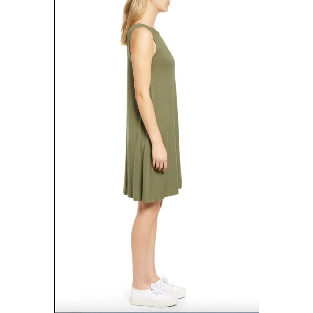 Caslon Womens Swing Dress XS Green Tank Sleeveless Round Neck Pockets NWT