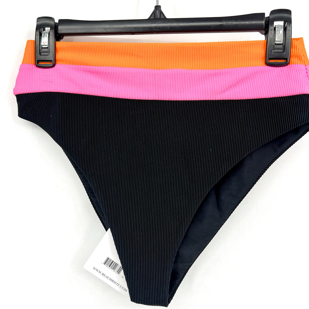 BEACH RIOT Heidi Colorblock High Waist Bikini Bottoms Medium Black Orange NWT