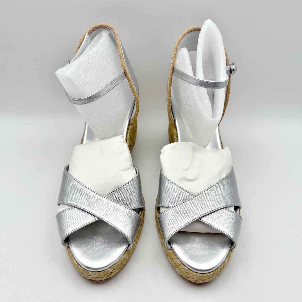 Stuart Weitzman Mirela II Espadrille Wedge Sandals Size 10 B Silver Leather NIB