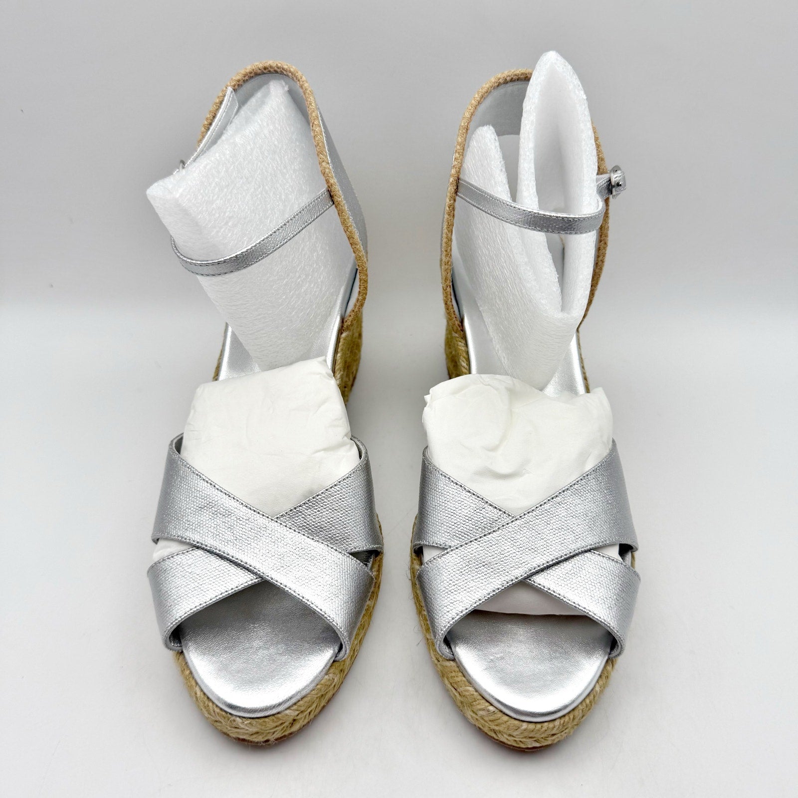 Stuart Weitzman Mirela II Espadrille Wedge Sandals Size 10 B Silver Leather NIB