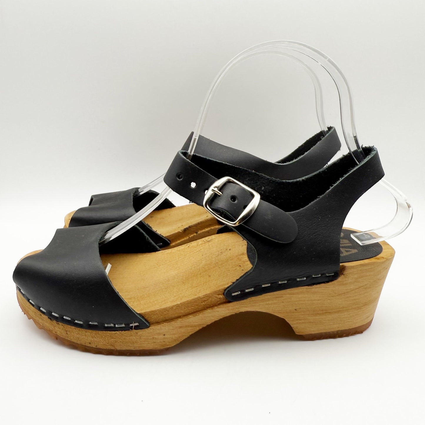 MIA Womens ANJA Clogs EU 37 US 6.5 Black Leather Wooden Heel Peep Toe NIB