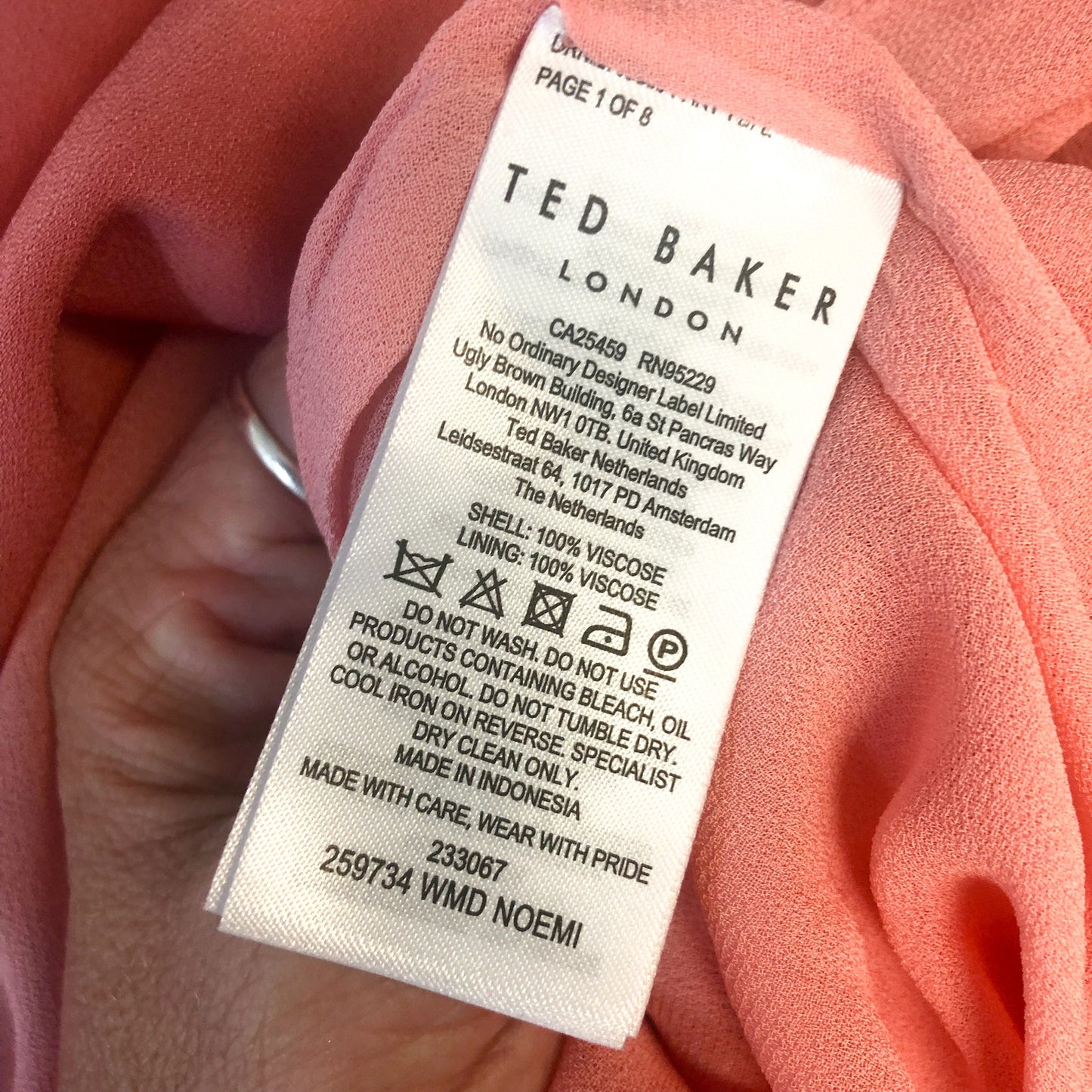 TED BAKER Women's Noemi Midi Dress Size 3 US 8 Dusky Pink V-Neck Bias Cut NWT