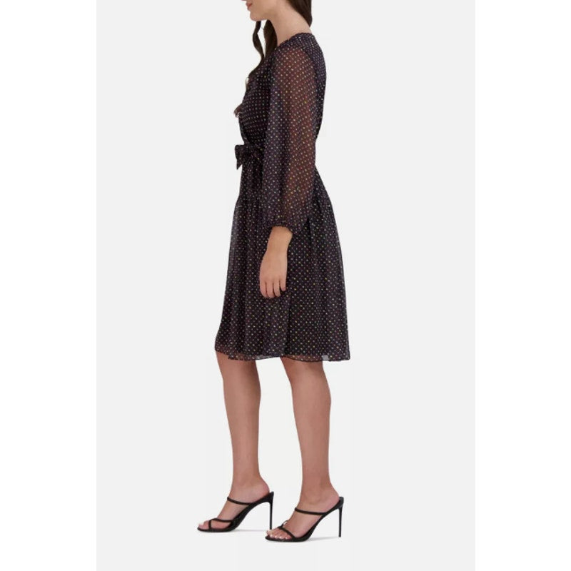 SIGNATURE BY ROBBIE BEE Faux Wrap Dress 10 Black Multi Polka Dot 3/4 Sleeve NWT