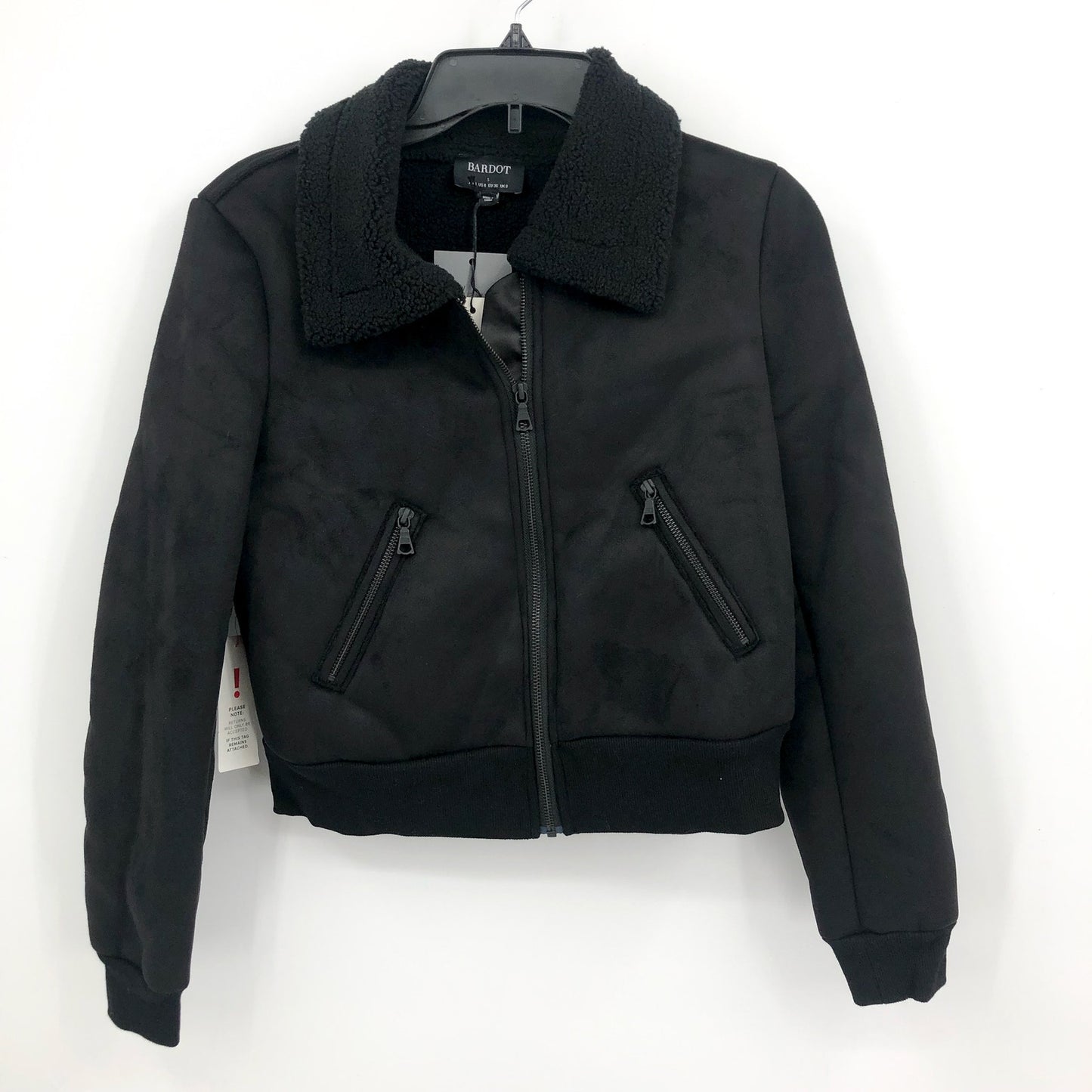 BARDOT Women's Shearling Bomber Jacket Small US 4 Black Faux Suede Cropped NWT