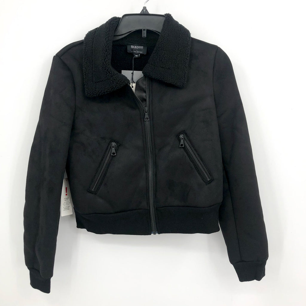 BARDOT Women's Shearling Bomber Jacket Small US 4 Black Faux Suede Cropped NWT