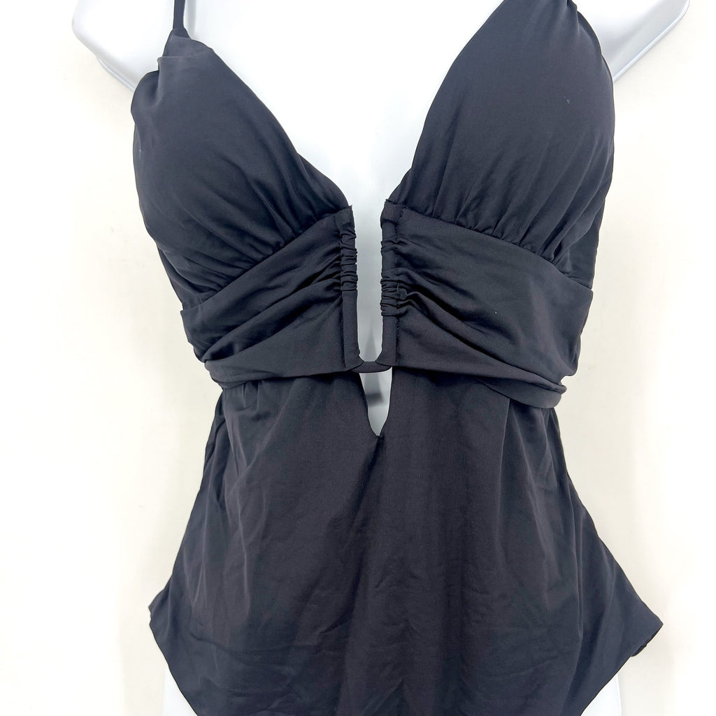 BECCA Women’s Color Code Plunge One Piece Swimsuit Large Black U Ring NWT