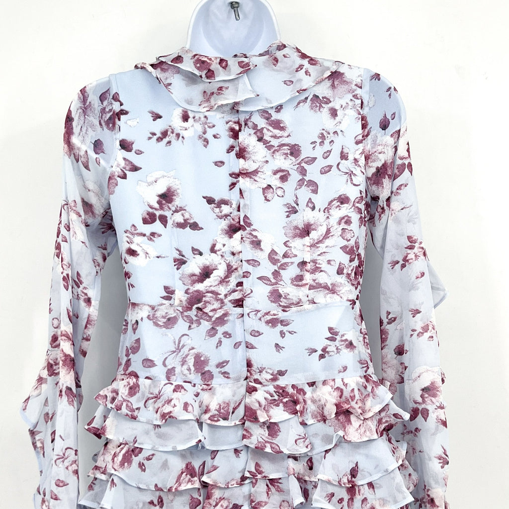 BARDOT JUNIOR Girl's Lianna Floral Frill Dress Size 14 Sky Blue Long Sleeve NWT