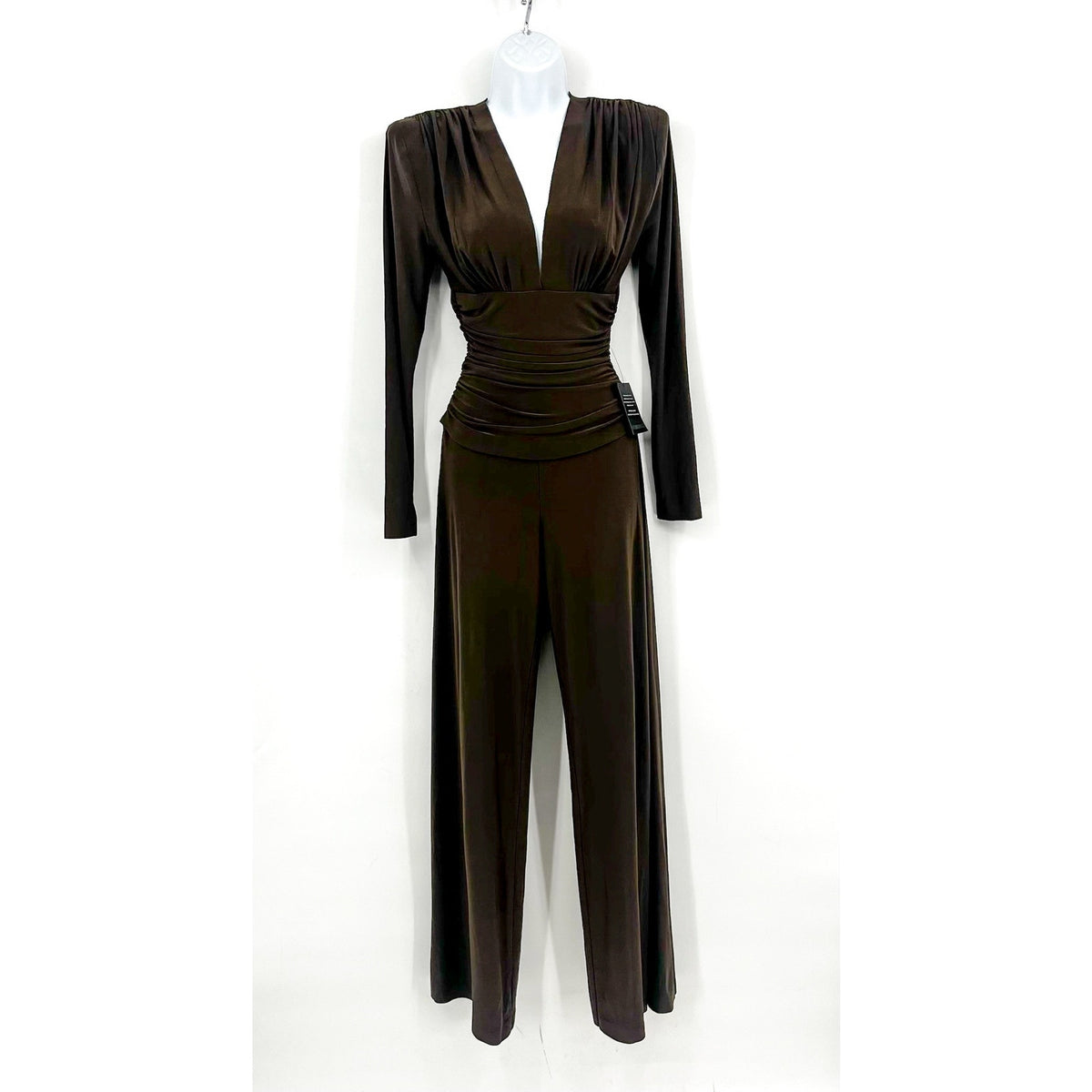 Norma Kamali V-Neck Shirred Waist Jumpsuit XS/34 Chocolate Brown Long Sleeve NWT