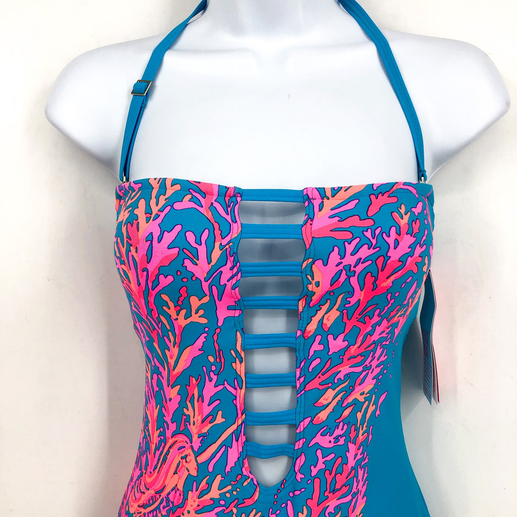 LILLY PULITZER Teslee One-Piece Swimsuit Size 4 Blue Oasis Goddess The Sea NWT