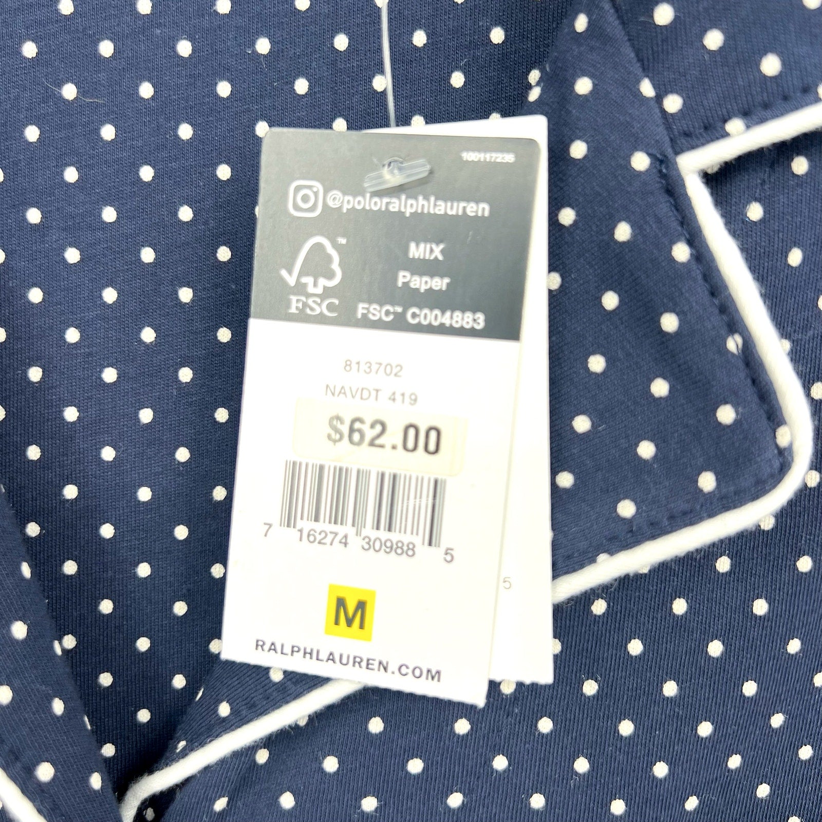 LAUREN RALPH LAUREN Womens Cotton Sleep Shirt Medium Navy Blue White Dot NWT