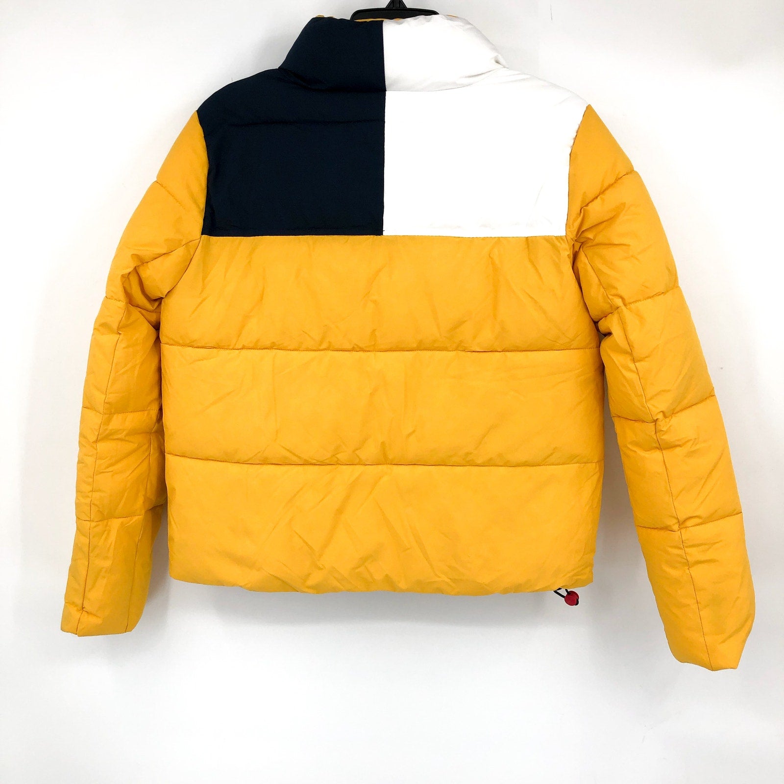 TOMMY JEANS Womens Big Logo Puffer Coat XS Yellow White Blue Ski Jacket NWT